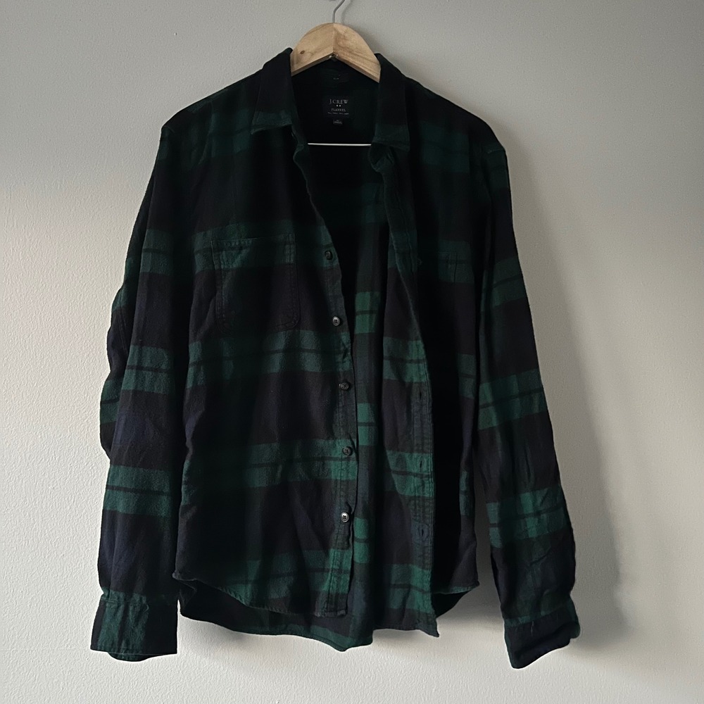 J. Crew XL Slim Fit Flannel Shirt Green Blue Plaid Long Sleeve - Picture 5 of 6